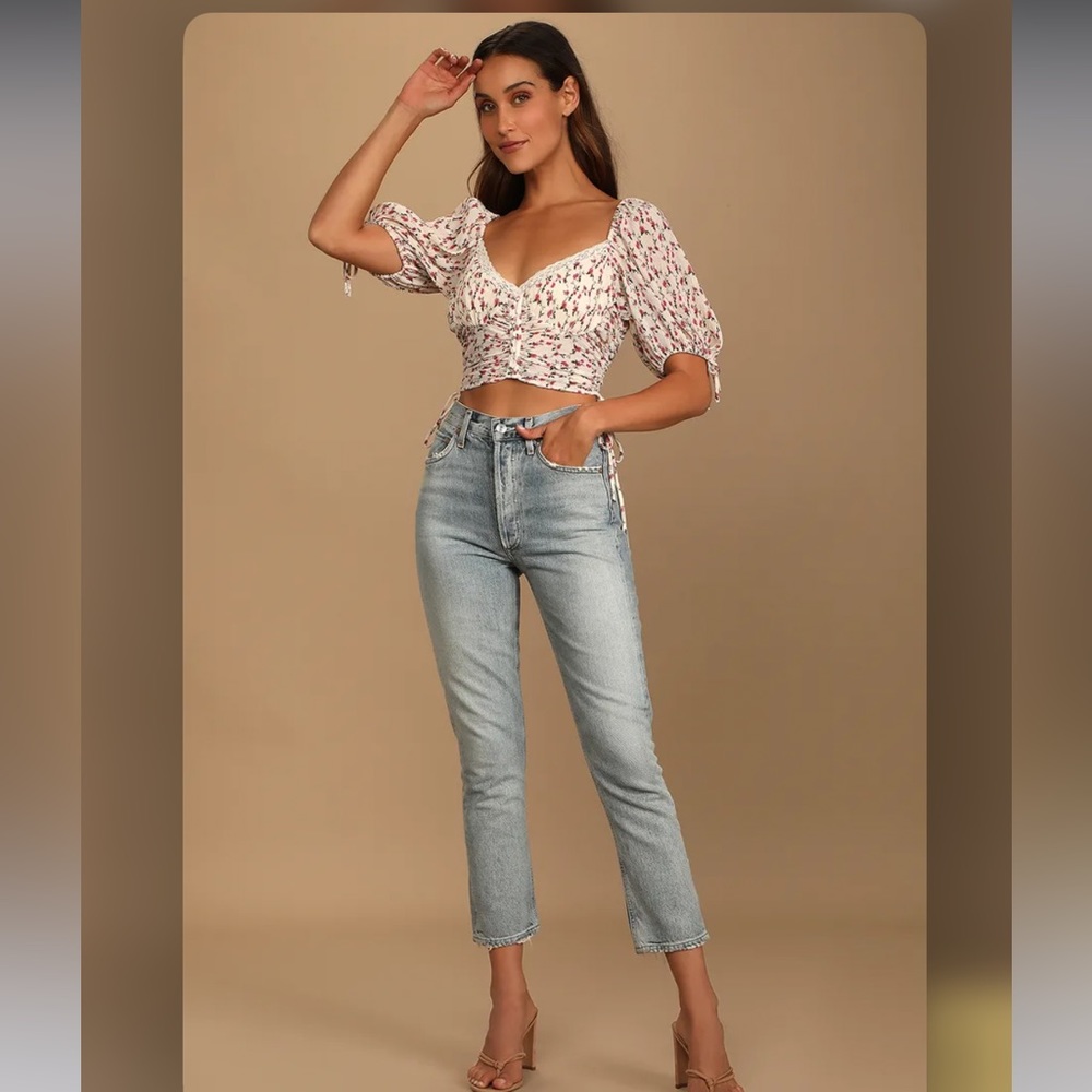 LULUS Pretty Pick Beige Floral Print Ruched Drawstring Crop Top - Picture 2 of 8